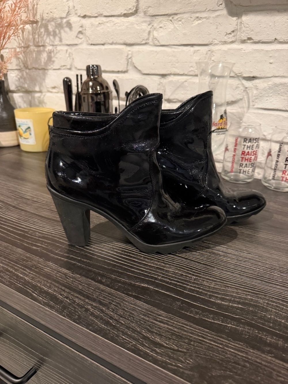 Aquatalia Black crinkle Patent Ankle Booties